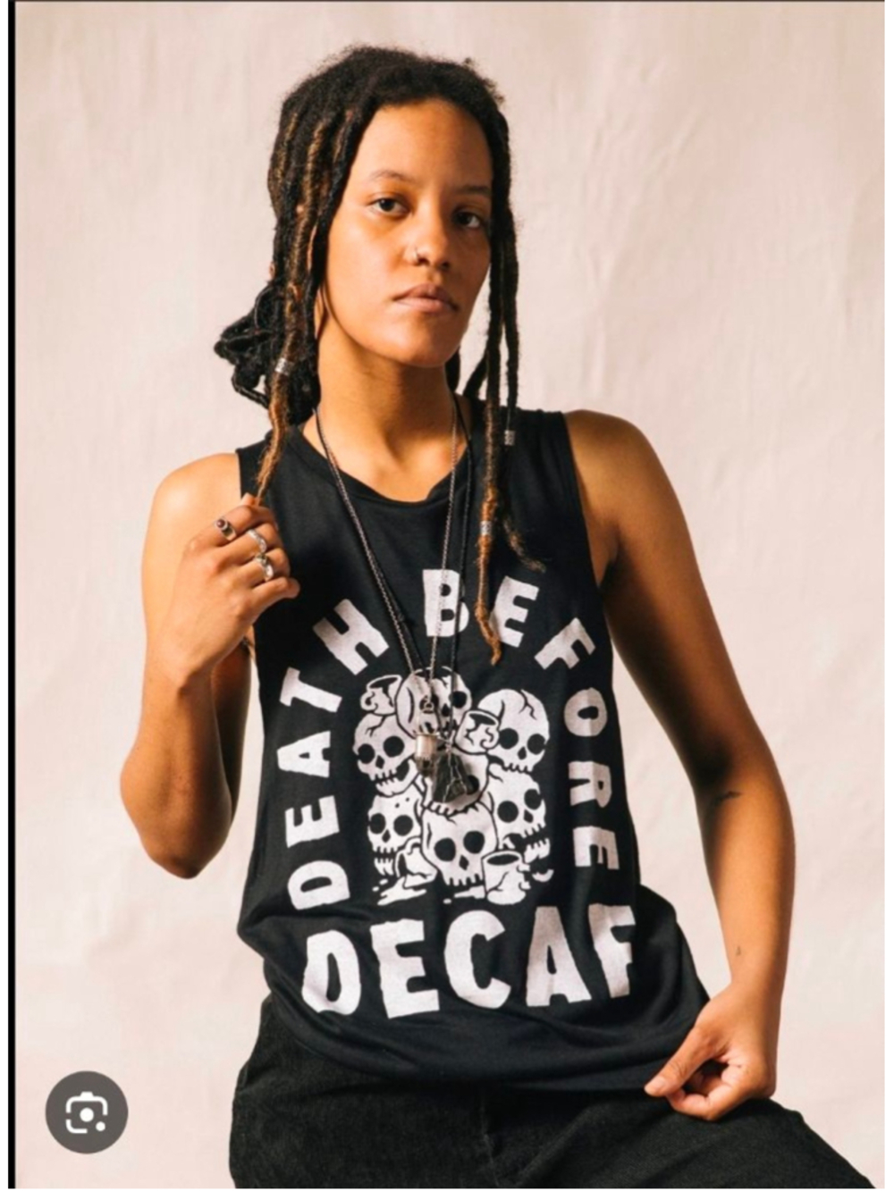 Women's Rare PYKNIQ Punk Grunge Black & White "Death Before Decaf" Tank Top XL